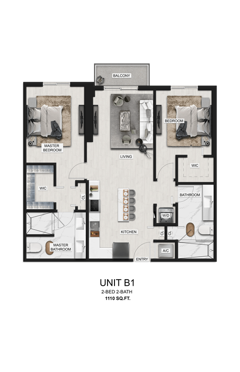 Floor plan for 2 beds, 2 baths, 1110 sqft